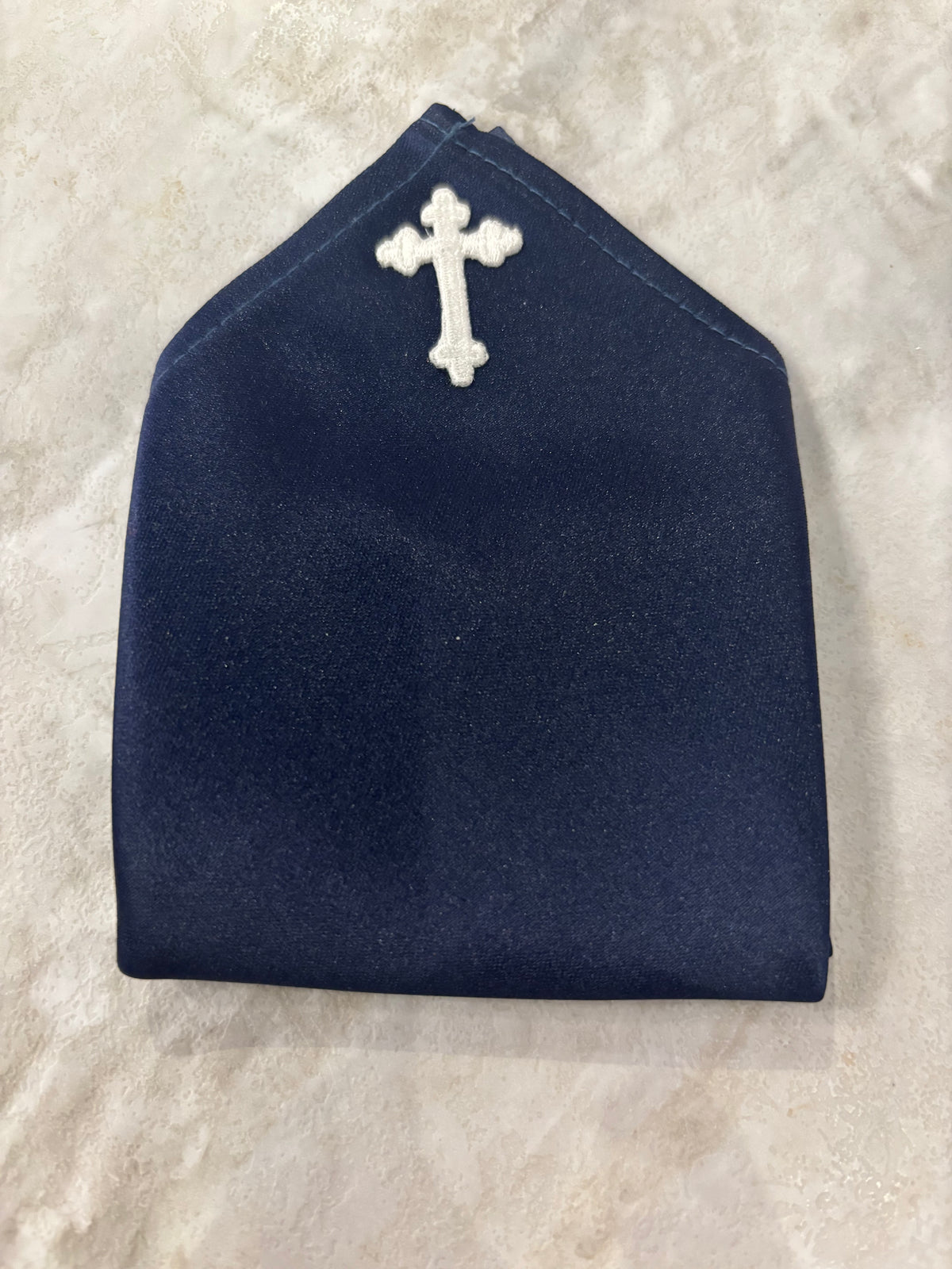 Navy Satin Pocket Square w/Cross