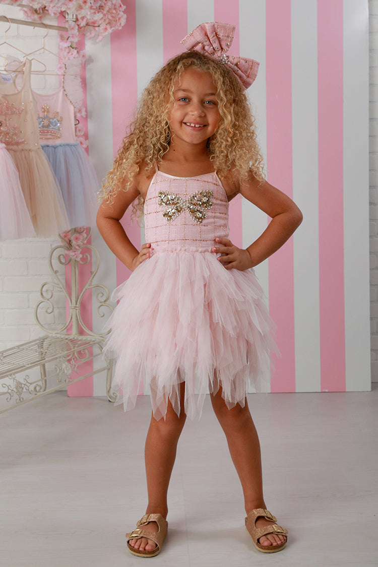 Pink Tweed Coco Emma Dress w/Beaded Bow