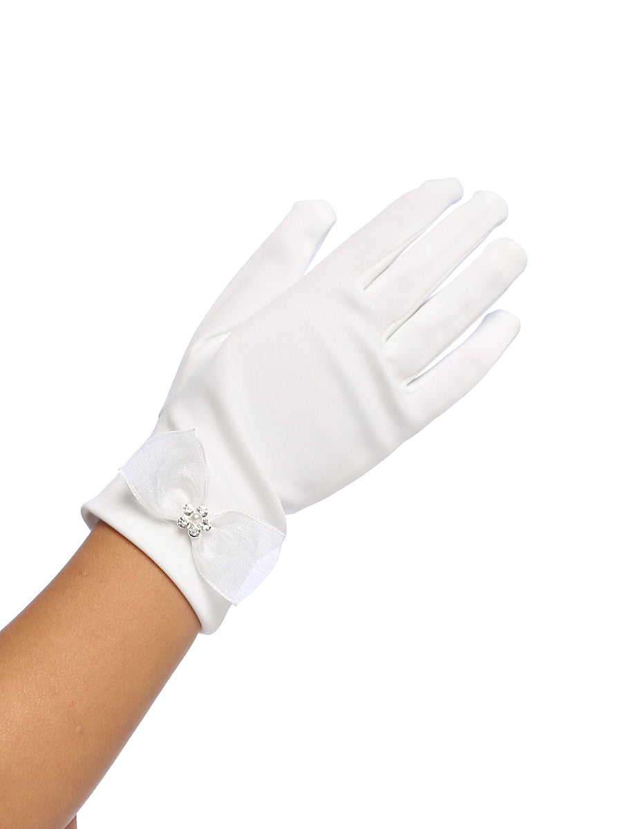 White Matte Glove w/Organza Bow & Flower Rhinestone