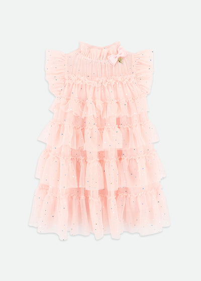 strapless open back dress Mia Belle Girls Light Pink Sequin Tiered Tulle Dress main image 0