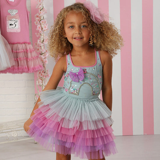 Rainbow Tiered Tulle Dress- Sky/Candy Pink/Violet