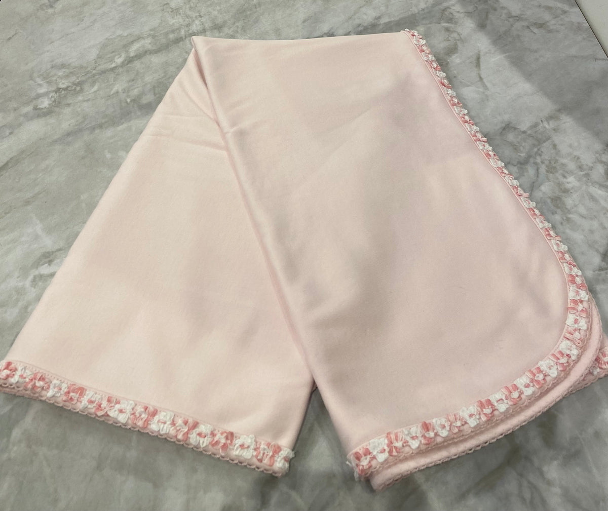 Pink Receiving Blanket with Pink & White Flower Trim