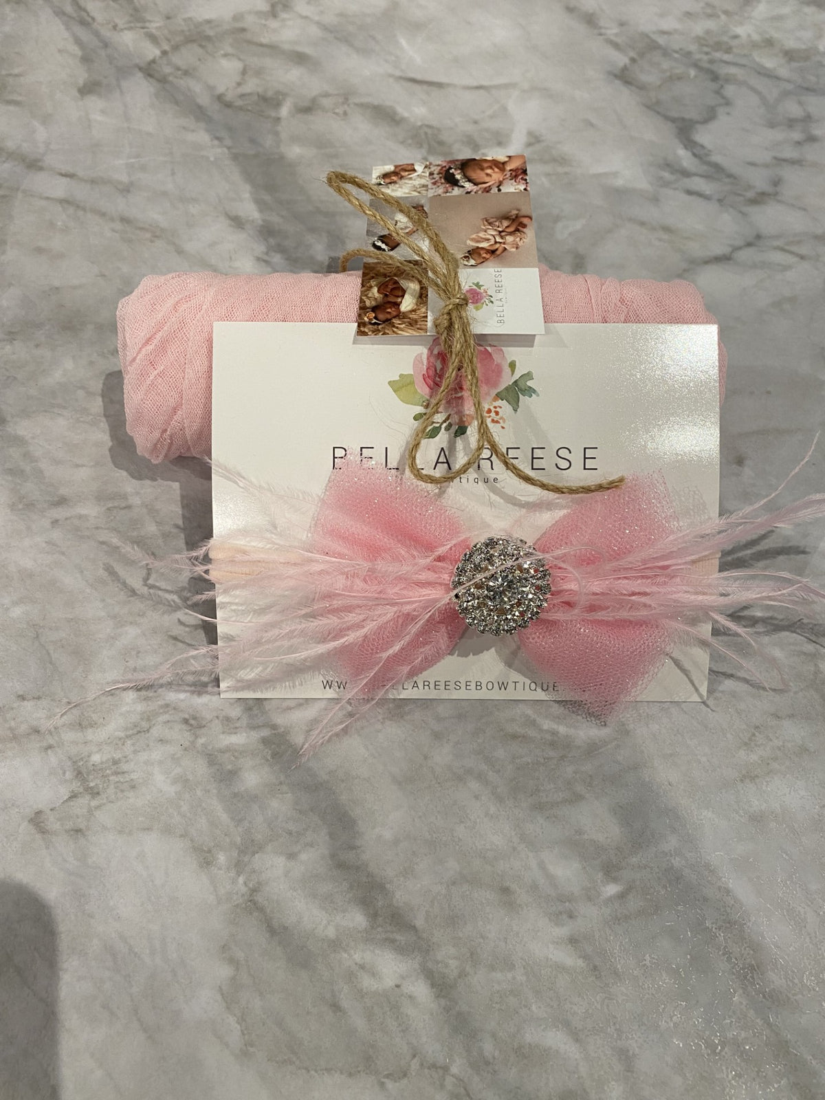 Newborn Girly Girl Wrap Set-  Light Pink wrap with Pink Glitter Feather Bow Headband