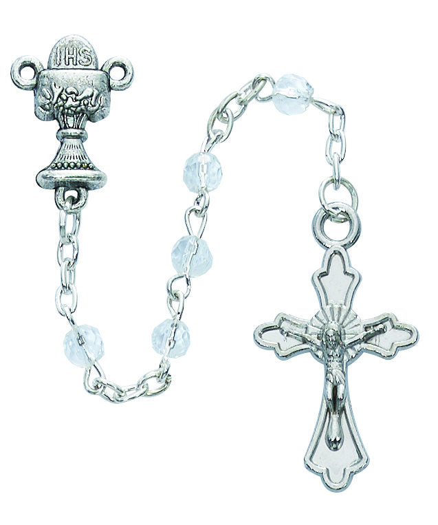 Clear Bead 4mm Rosary Beads w/Ceramic White Flowers & White Enameled Chalice