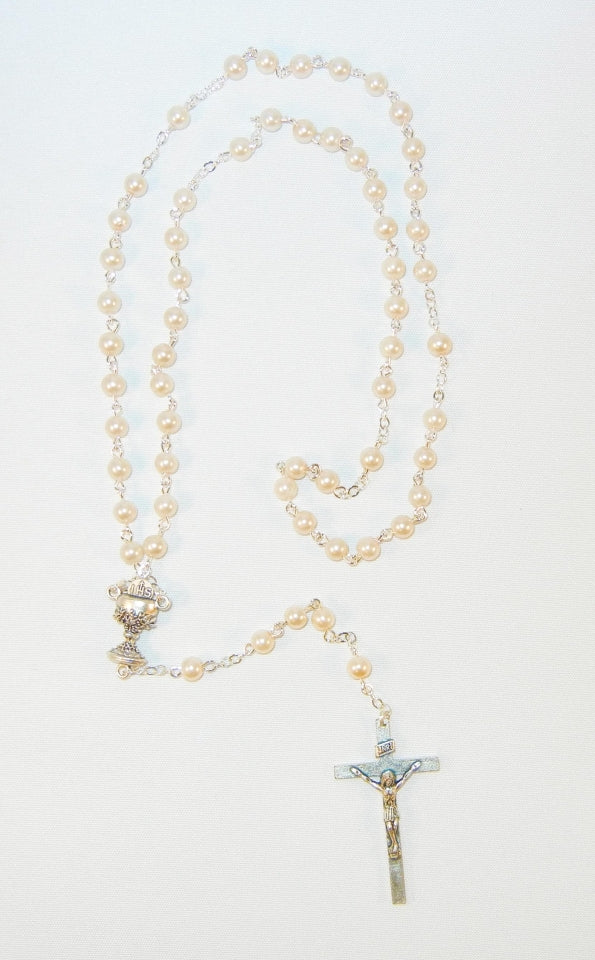 Silver & Pearl Rosary w/Chalice- Gift Boxed w/Bag & Poem