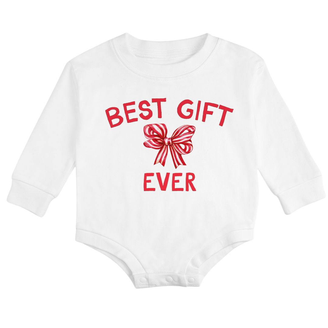 Best Gift Ever Christmas Long Sleeve Romper - White
