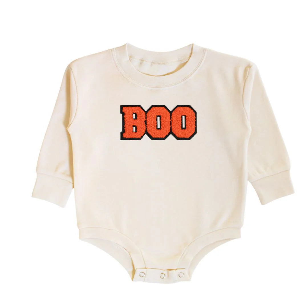 BOO Patch Hallowen LS Romper- Natural