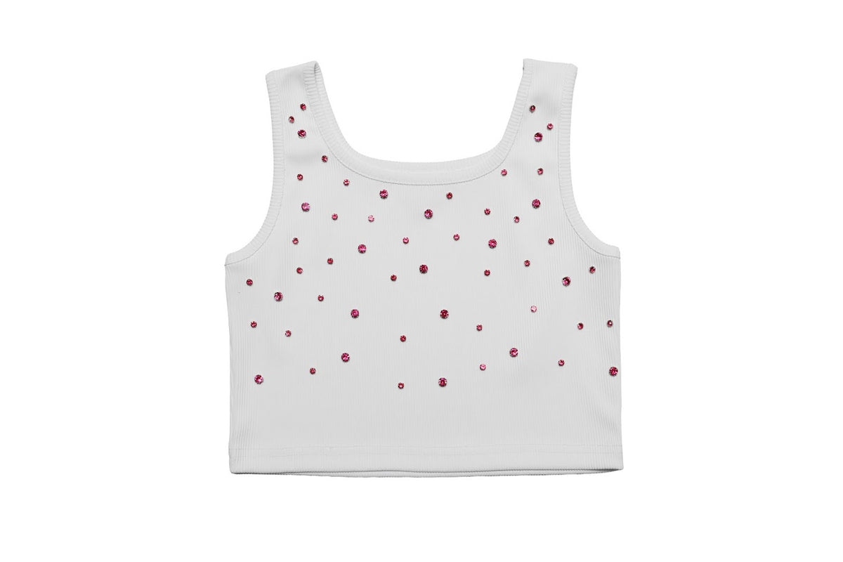White Crop Top w/Pink Stones