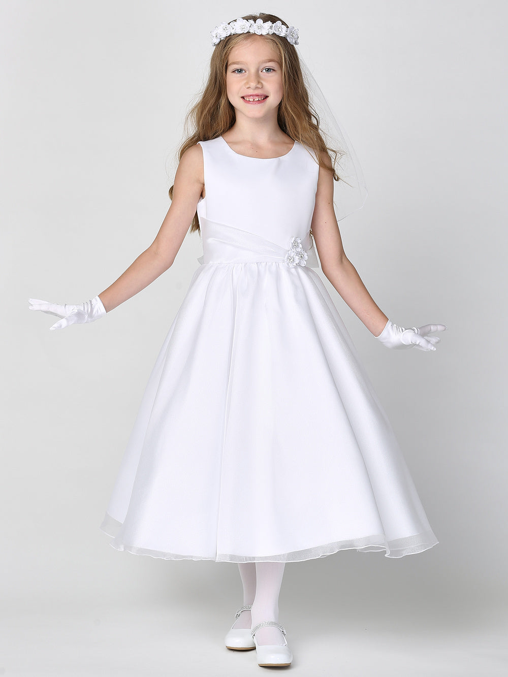 #SP199- White Satin Dress w/Crystal Organza