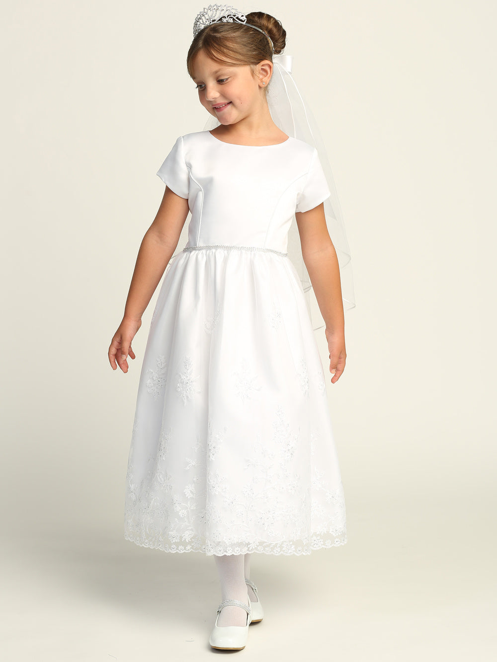 #SP216- White Satin Dress w/Embroidered Tulle & Sequins