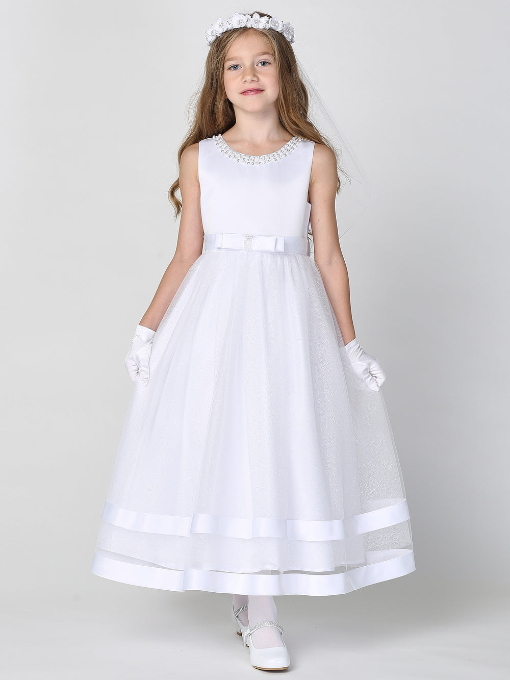 #SP717- White Satin Dress w/Glitter Tulle & Pearl Neckline