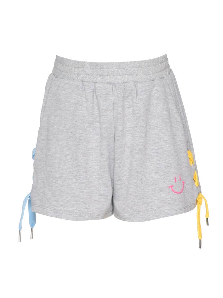 Gray Sweatshorts w/Pink Smiley Studs & Side Drawstrings