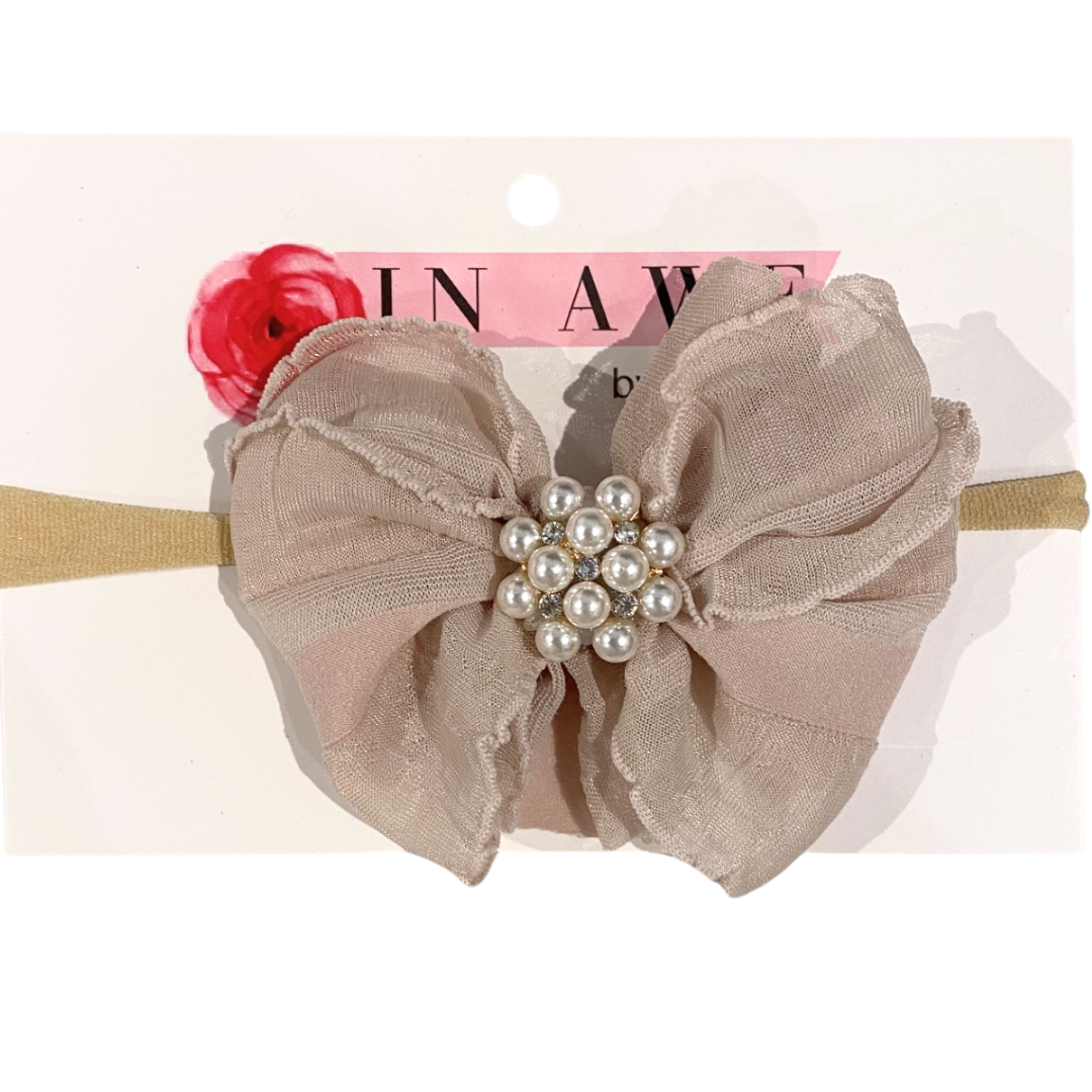 Champagne Mini Ruffle Headband w/Rhinestone Pearl Cluster