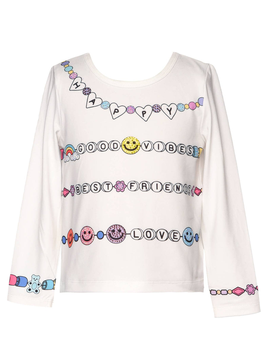 White L/S Friendship Bracelet Graphic Top