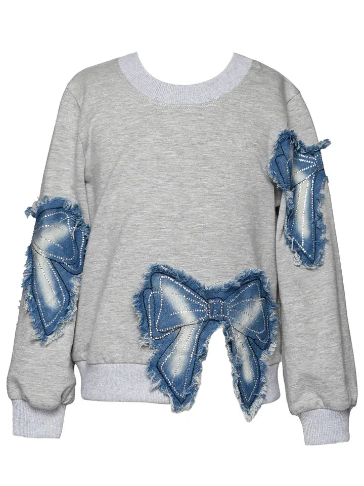 Gray L/S Top w/Denim Bow Patch