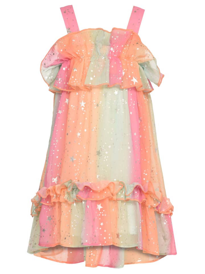 Salmon Pink/Mint/Orange Ruffle Empire Dress w/Stars