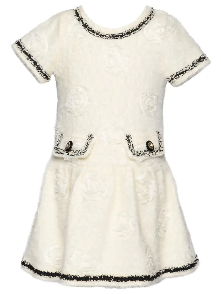 Ivory Fuzzy 3D Floral Fit & Flare Dress w/Black Trim