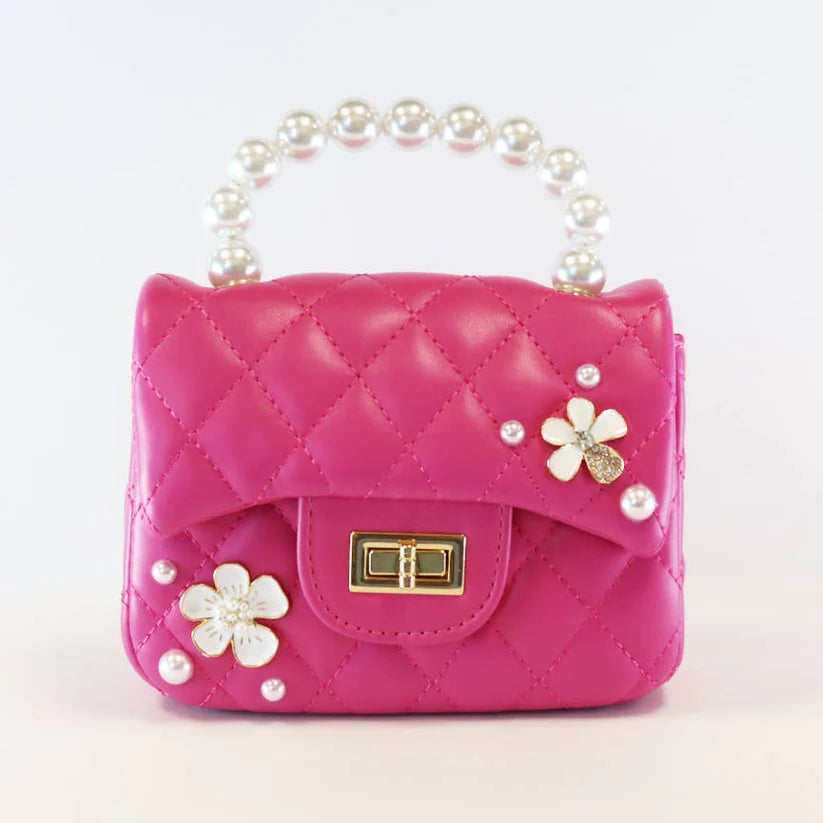 Pearl Handle Quilted Leather Purse w/Charms-Fuchsia