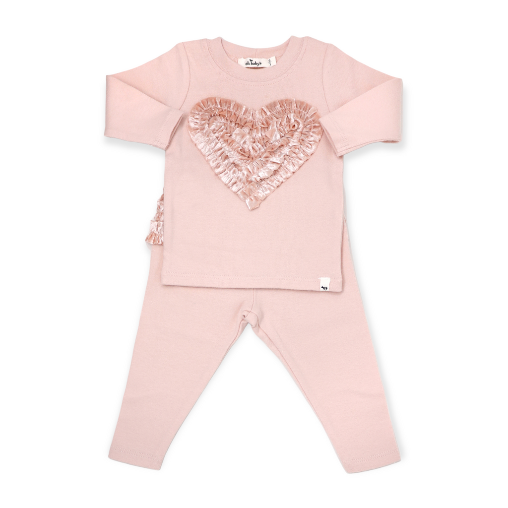 Ruffle Heart Pink Velvet L/S 2PC Set- Pale Pink