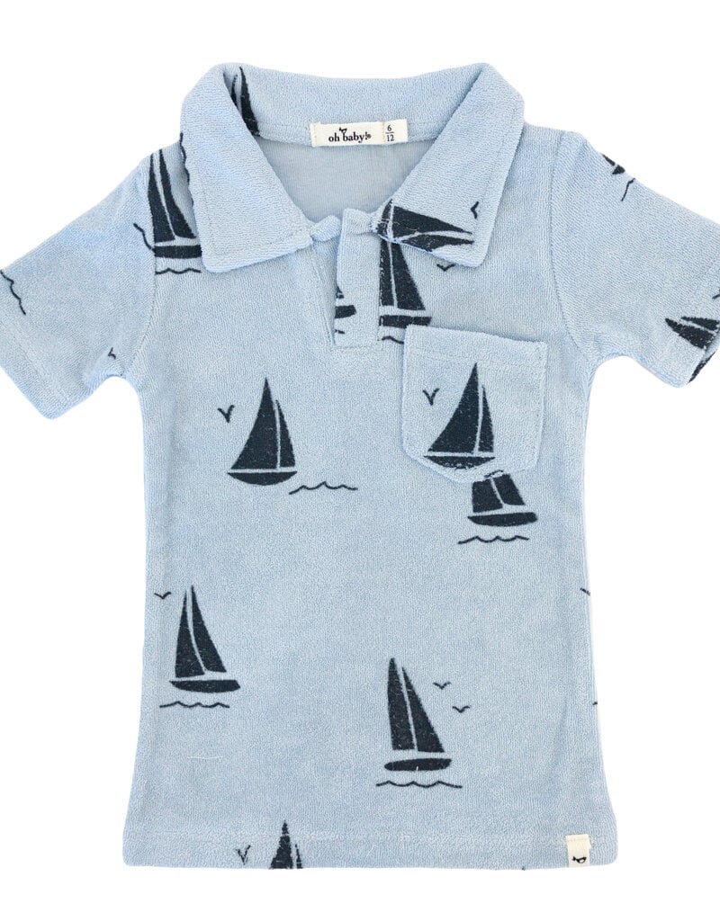 Sailboat Print Terry Polo Shirt- Sky Blue