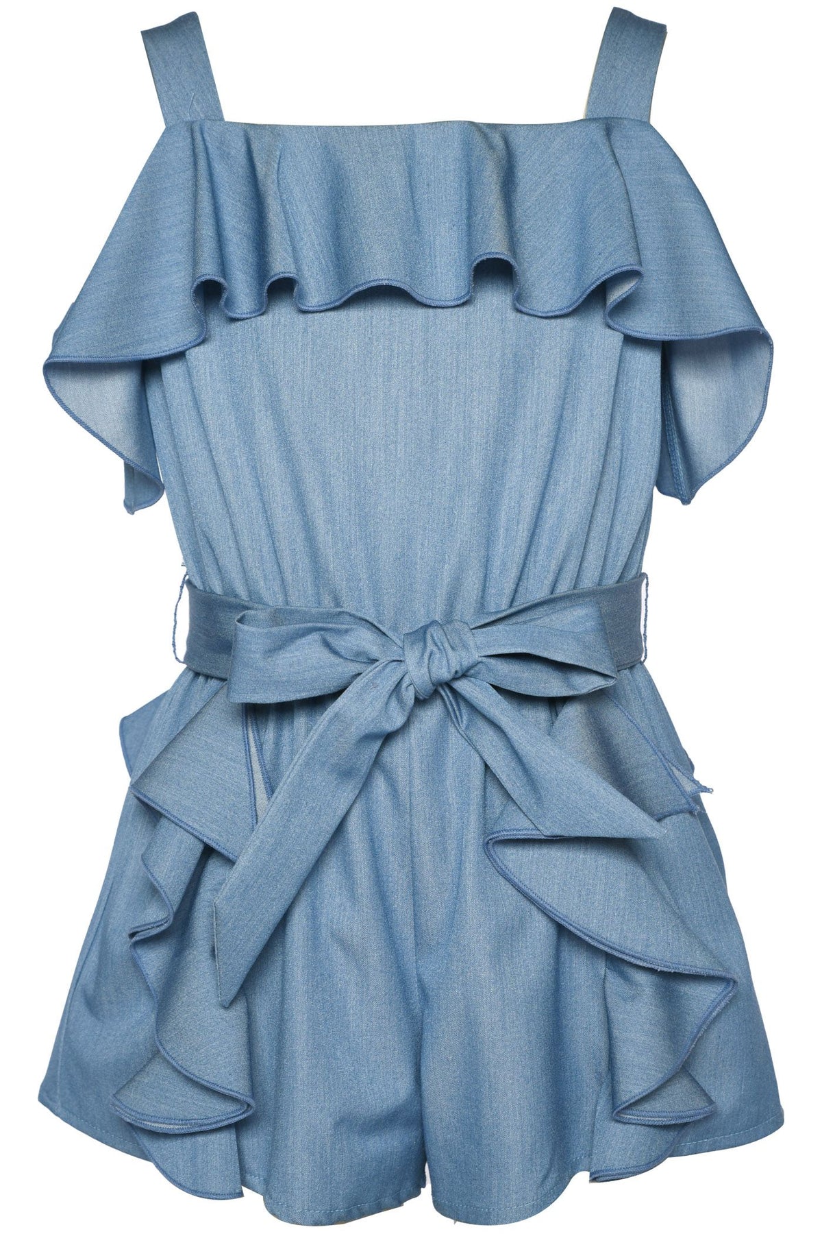 Ruffle Trimmed Romper w/Self Waist Tie- Blue