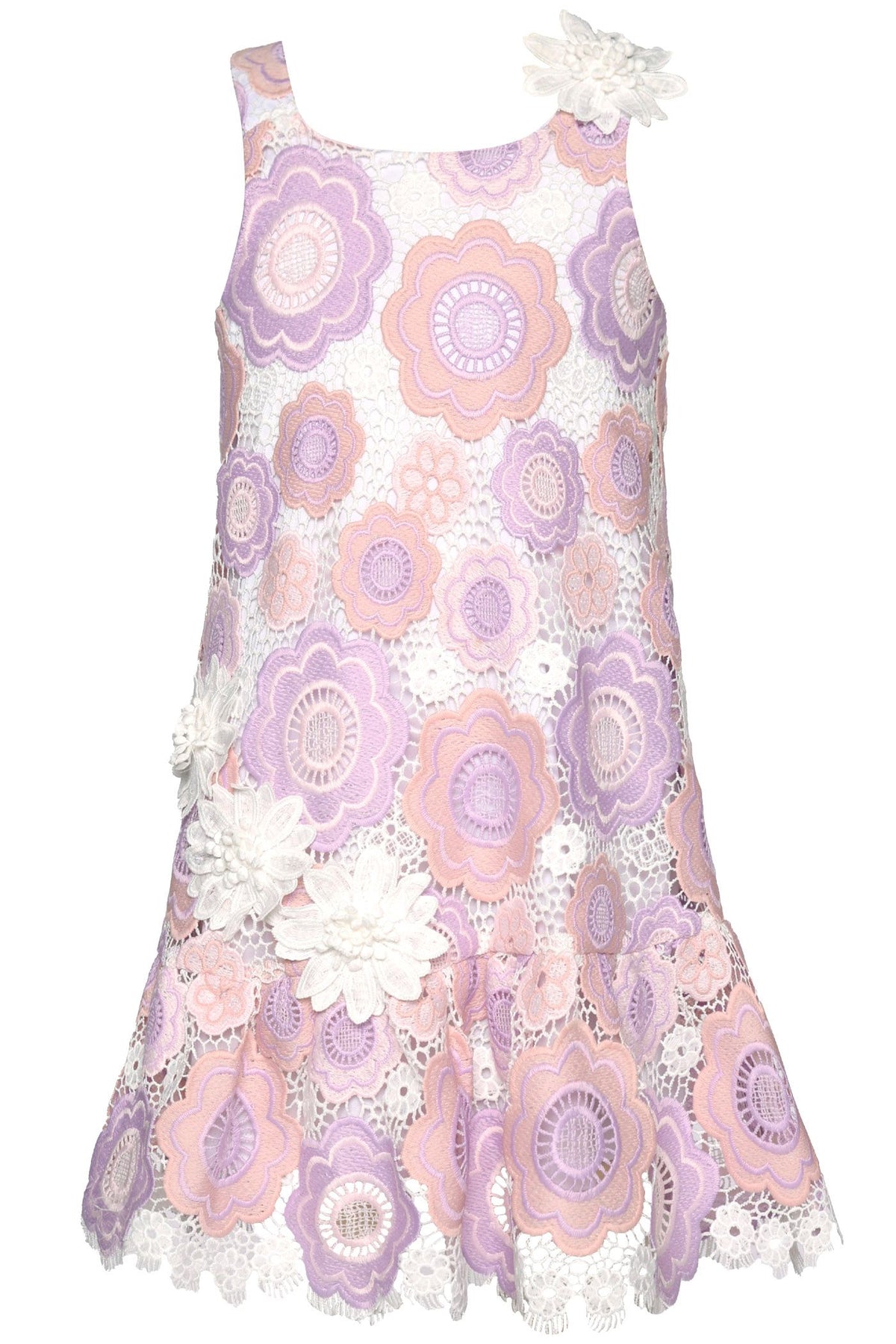 Floral Crochet Drop Waist Dress w/Flower Trim- Purple Multi 5 Floral Crochet Drop Waist Dress w/Flower Trim- Purple Multi 5