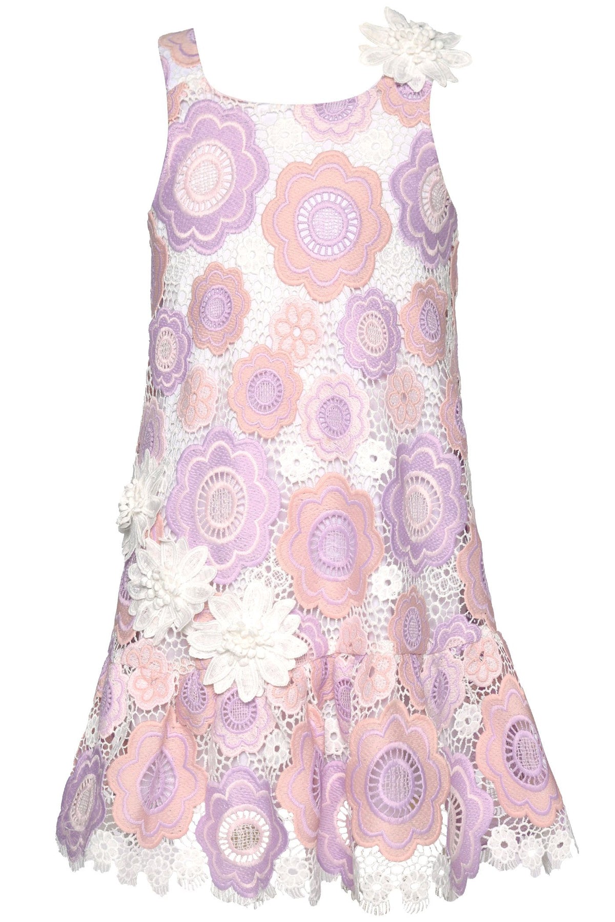 Floral Crochet Drop Waist Dress w/Flower Trim- Purple Multi