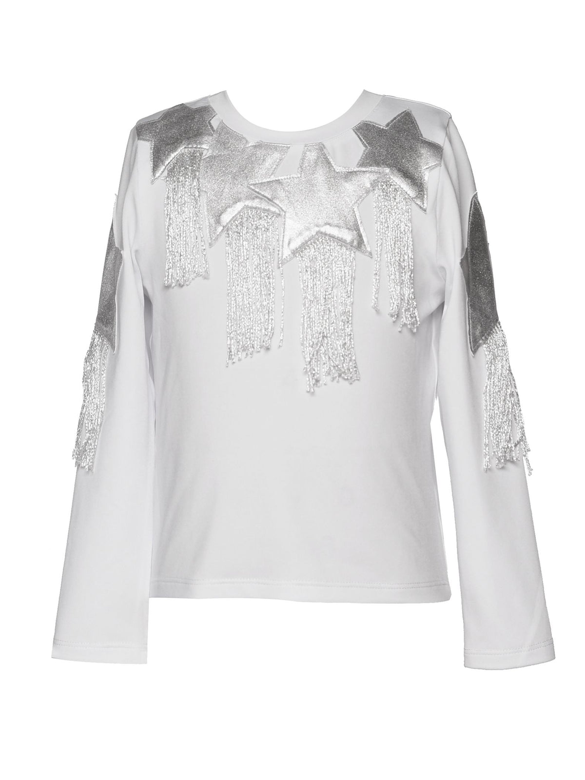 White L/S Top w/Silver Metallic Stars & Fringe Detail