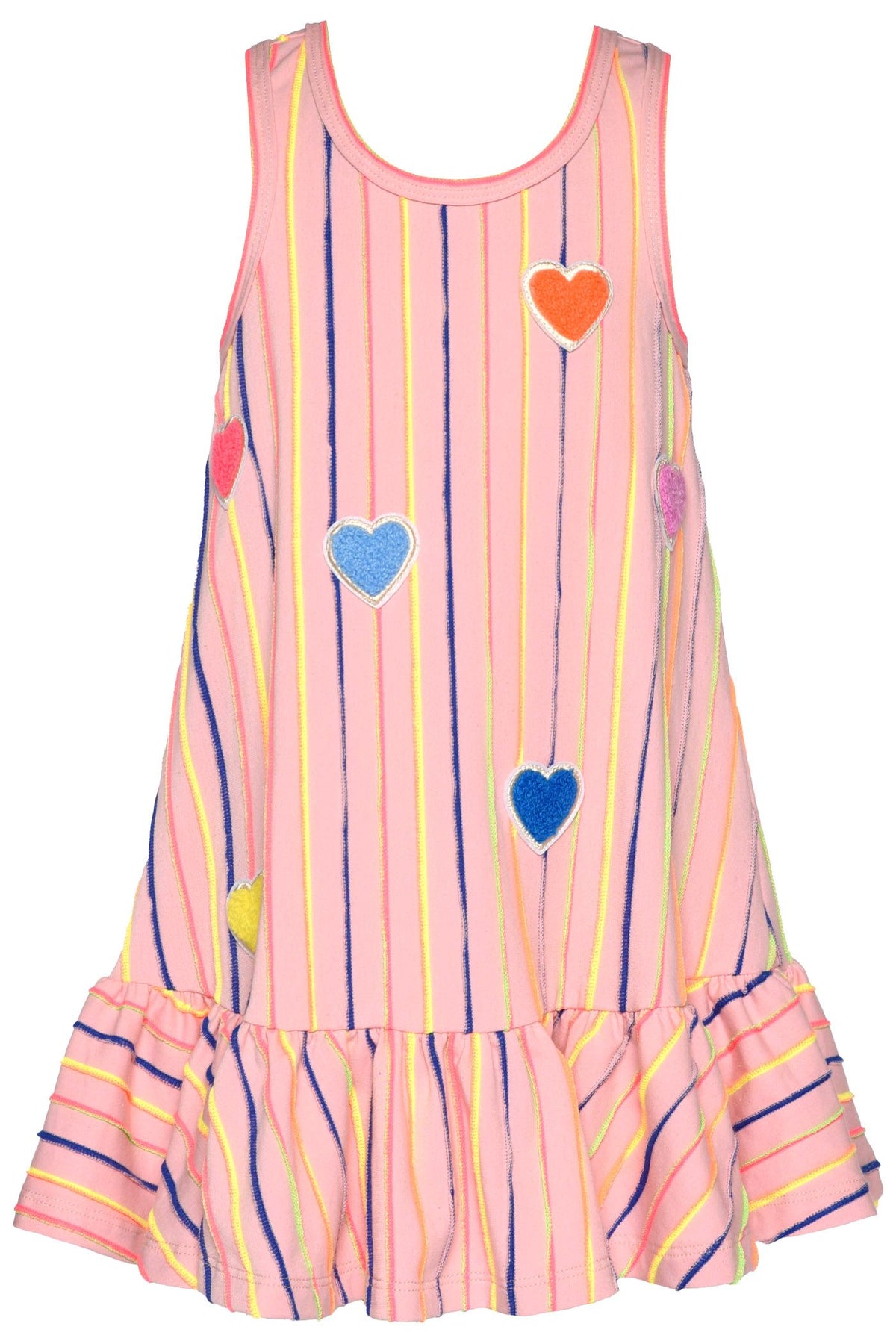 Drop Waist Striped Dress w/Heart Trim Detail-Peach Multi