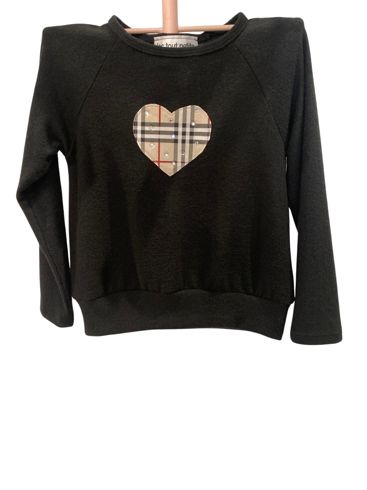 Black Sweatshirt with a Plaid Heart & Rhinestones