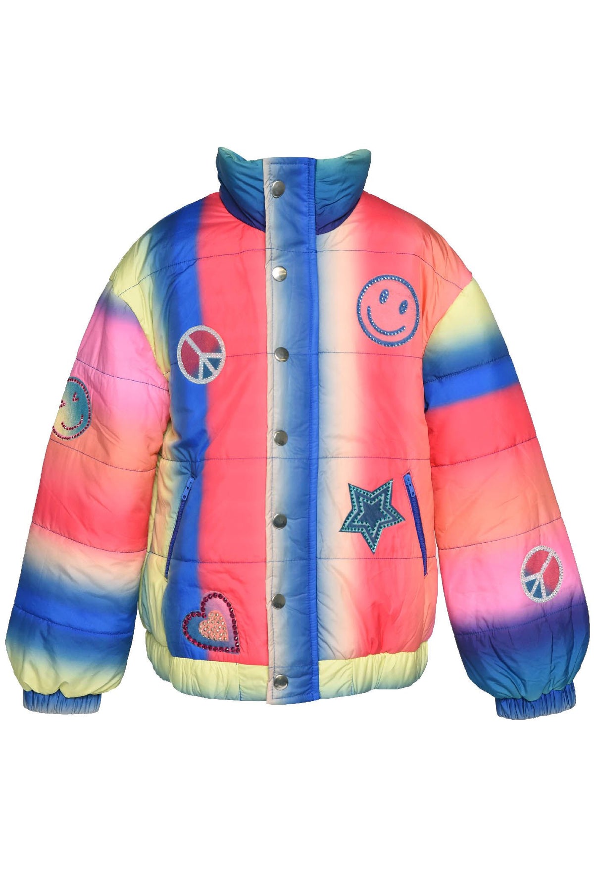 Rainbow Puff Jacket w/Emoji Trims- Pink Multi