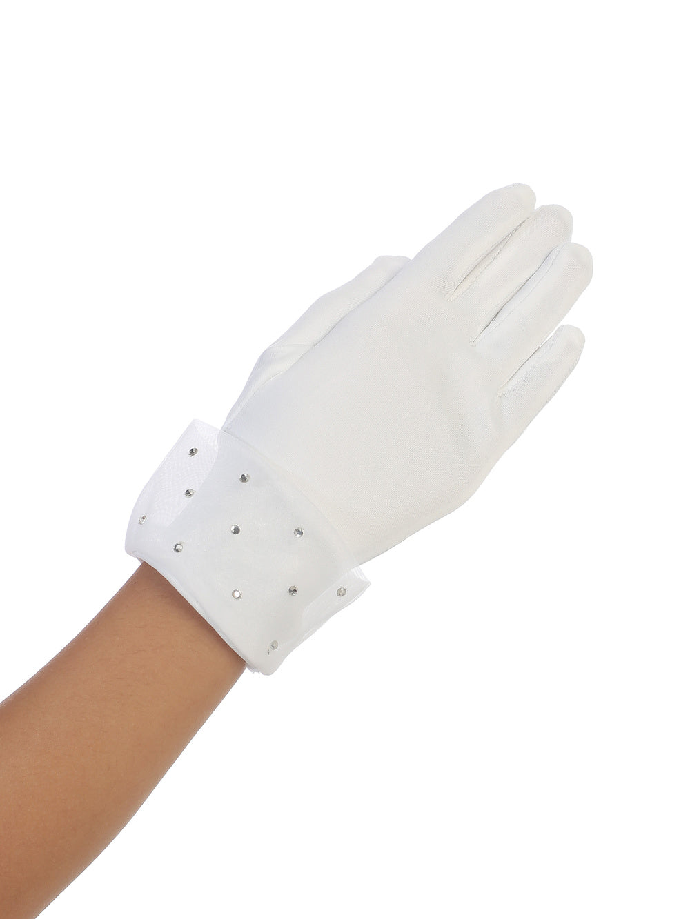 White Rhinestone Accented Organza Cuffed Gloves