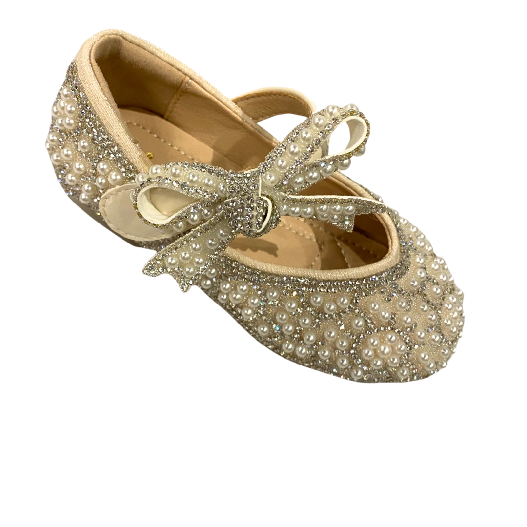 Beige Bowtie Strap Jewel Flat Shoes