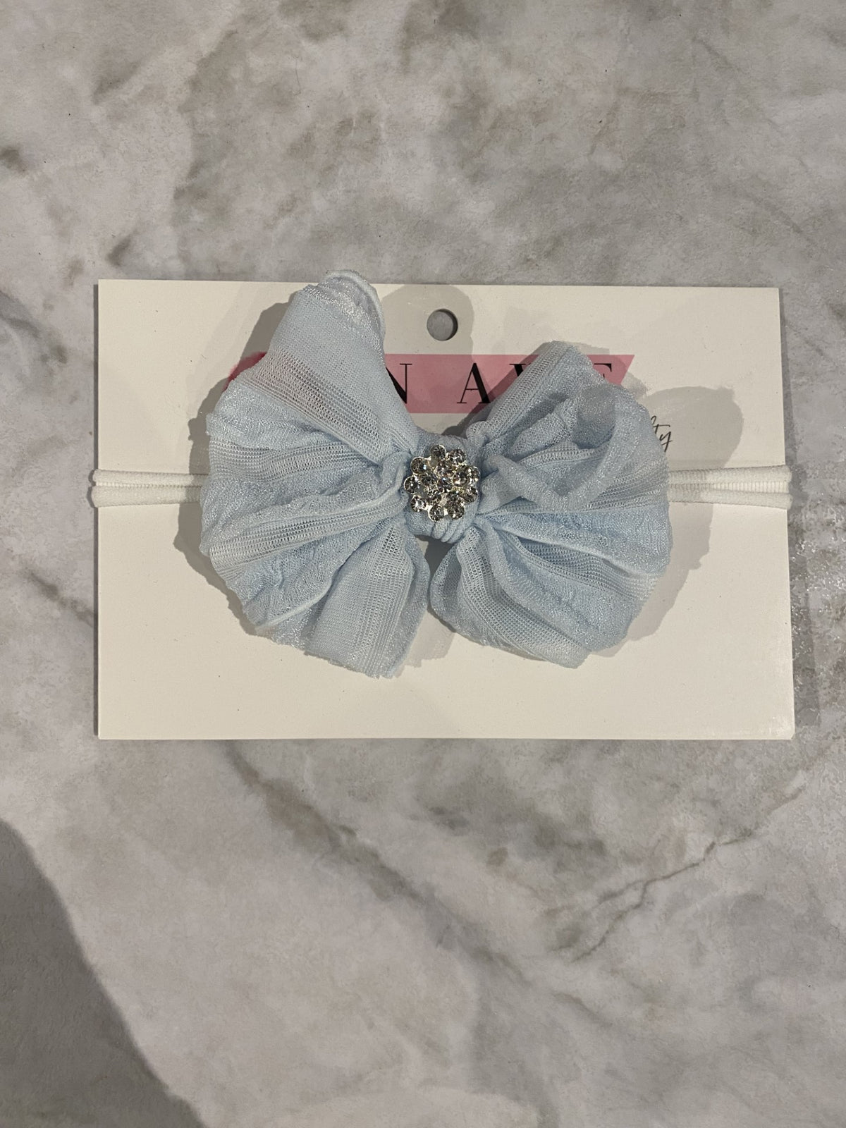 Sky Blue Mini Ruffle Headband w/Rhinestone Center