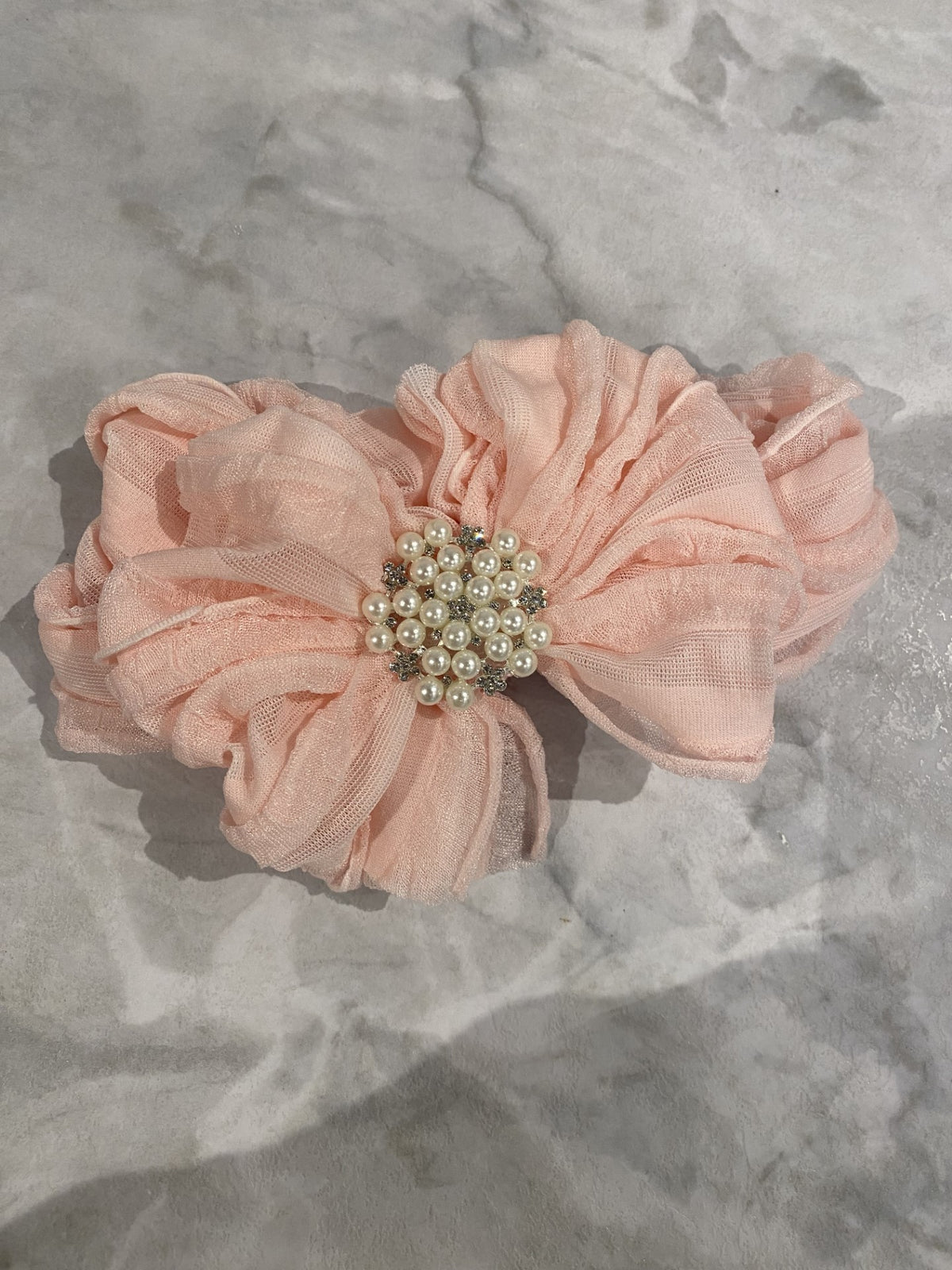 Sweet Pink Ruffled Headband w/Pearl & Rhinestone