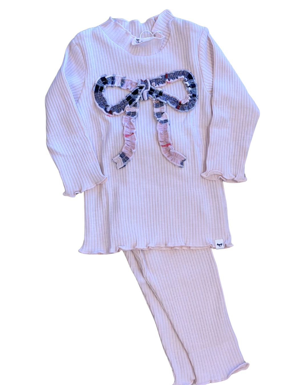 Dusty Pink Tartan Ruffle Bow Mockneck 2 Piece Set