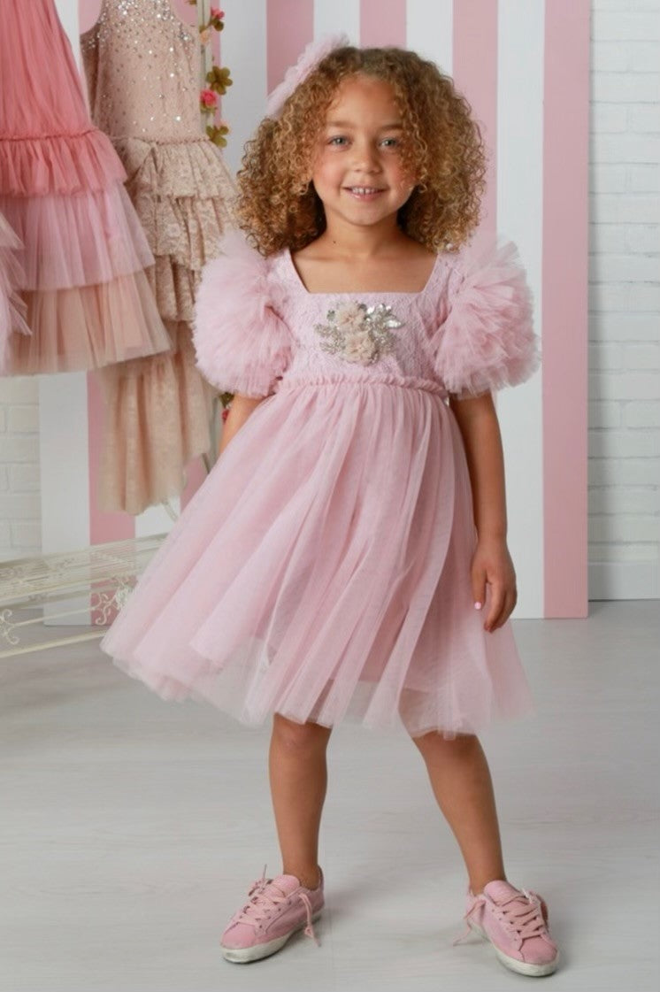 Brielle Pink Haze Dress w/Lace Bodice and Puffy Tulle Sleeves