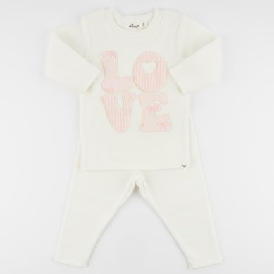 Stacked LOVE Bows Baby Rib 2 pc Set - Cream