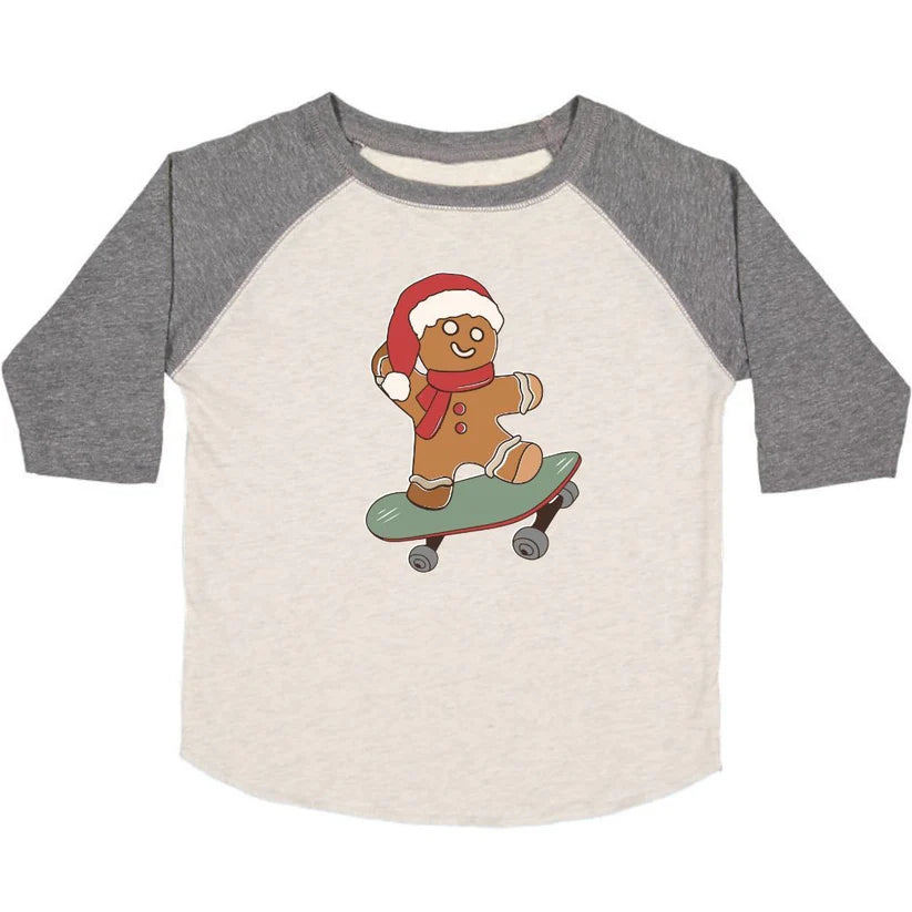 Gingerbread Skater Boy Christmas 3/4 Shirt- Natural/Heather Grey