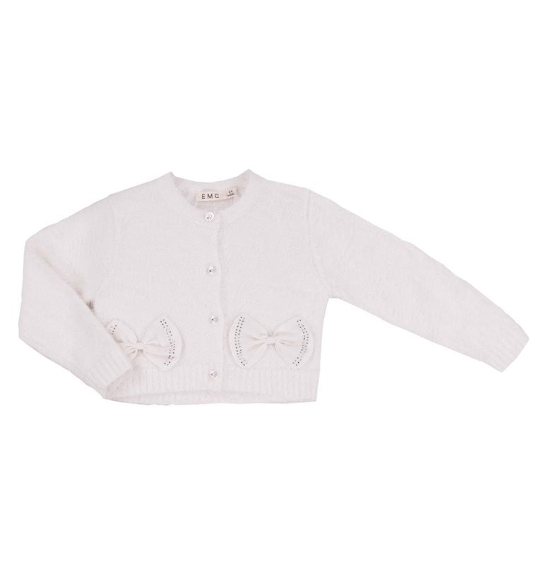 White Fuzzy Sweater w/Rhinestone Bow Detail