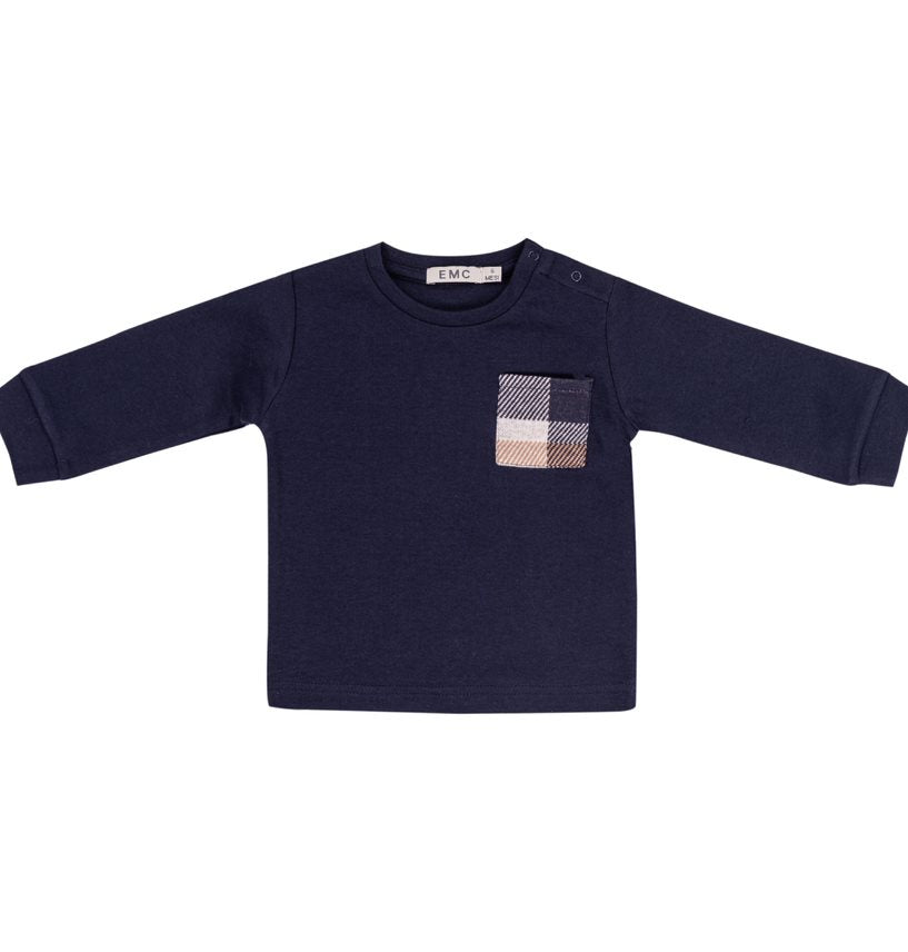 Navy LS Top w/Checkered Pocket