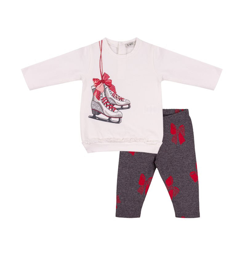 Red, White & Black Ice Skate Top w/Grey Leggings & Red Bows