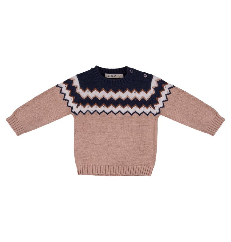 Khaki Sweater w/Navy & Beige Jacquard Design